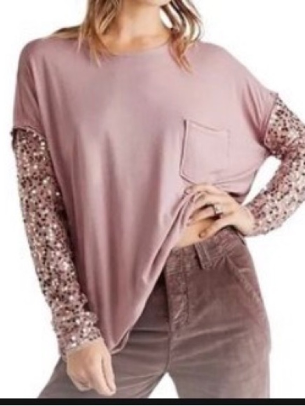 Free People Dusty Mauve Layered Sleeve Top with Sequin Lace